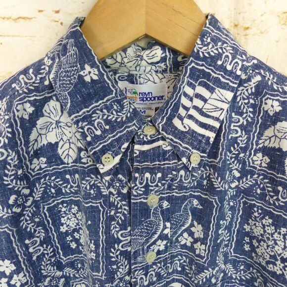 VTG 90s Reyn Spooner Lahaina Sailor Popover Men M Blue Denim Hawaiian Flag Beach - Picture 6 of 12